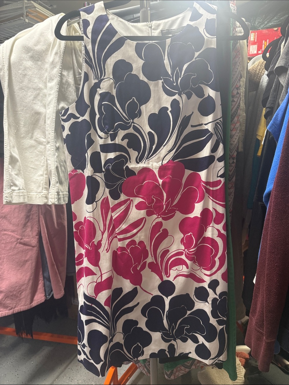 Maggy London White Shift Dress with Navy & Fuchsia Floral Print